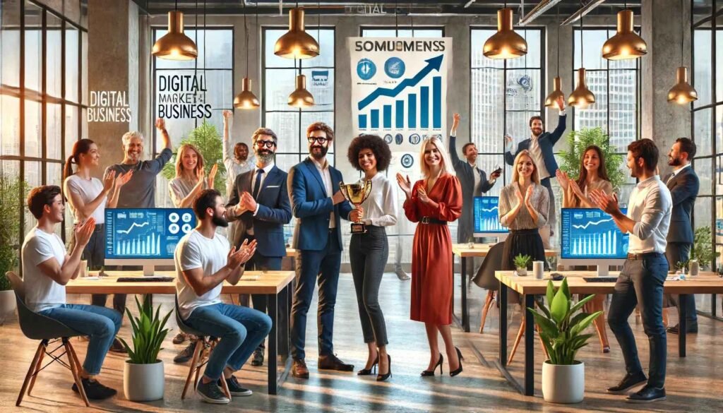 Pessoas celebrando o sucesso em negócios digitais